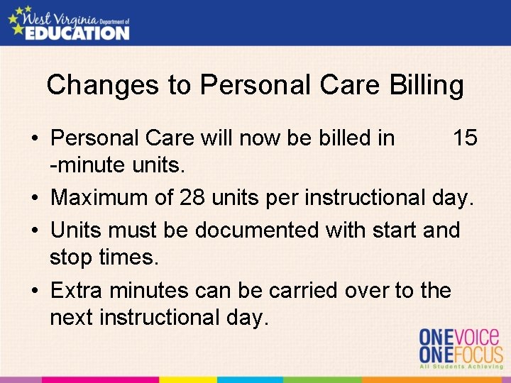 Changes to Personal Care Billing • Personal Care will now be billed in 15