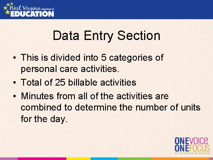 Data Entry Section • This is divided into 5 categories of personal care activities.