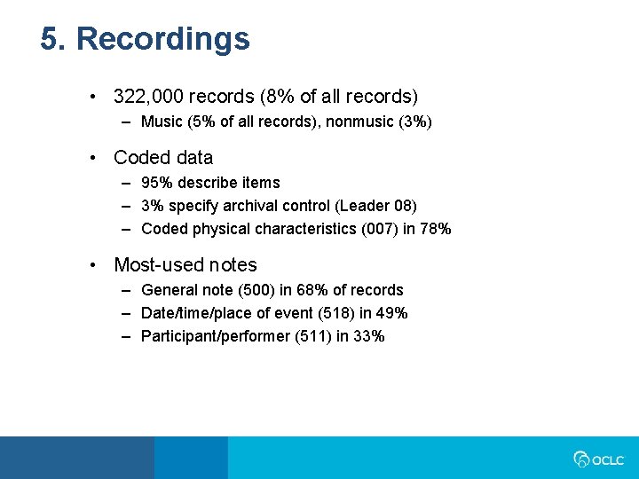 5. Recordings • 322, 000 records (8% of all records) – Music (5% of