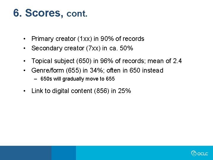 6. Scores, cont. • Primary creator (1 xx) in 90% of records • Secondary