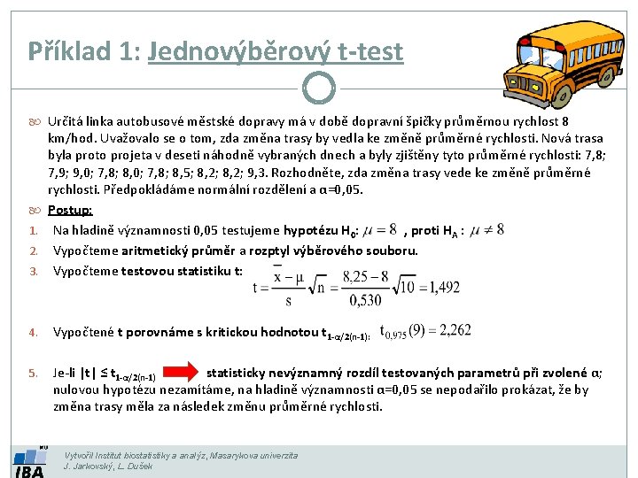 Příklad 1: Jednovýběrový t-test Určitá linka autobusové městské dopravy má v době dopravní špičky