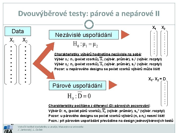 Dvouvýběrové testy: párové a nepárové II Charakteristiky výběrů hodnotíme nezávisle na sobě: Výběr x