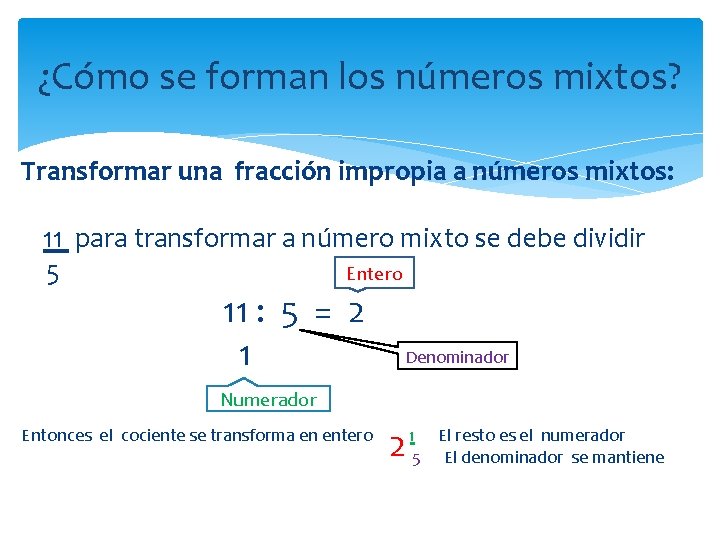 ¿Cómo se forman los números mixtos? Transformar una fracción impropia a números mixtos: 11