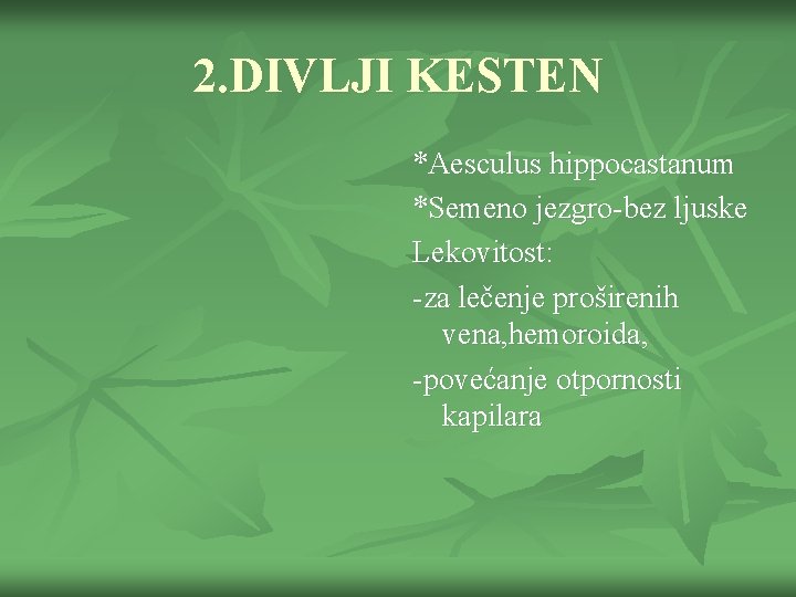 2. DIVLJI KESTEN *Aesculus hippocastanum *Semeno jezgro-bez ljuske Lekovitost: -za lečenje proširenih vena, hemoroida,