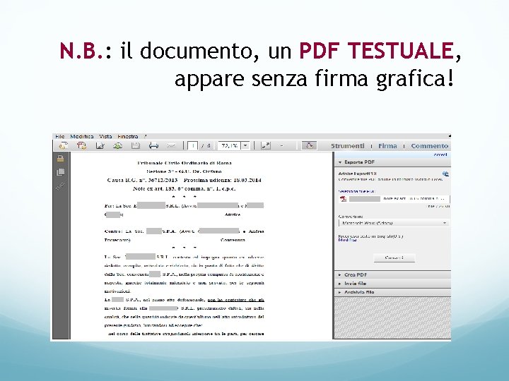 N. B. : il documento, un PDF TESTUALE, appare senza firma grafica! 