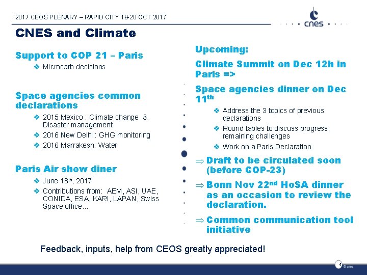 2017 CEOS PLENARY – RAPID CITY 19 -20 OCT 2017 CNES and Climate Support