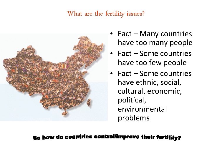 What are the fertility issues? • Fact – Many countries have too many people