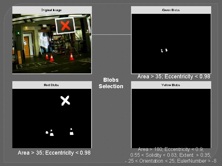 Blobs Selection Area > 35; Eccentricity < 0. 98 Area > 180; Eccentricity <