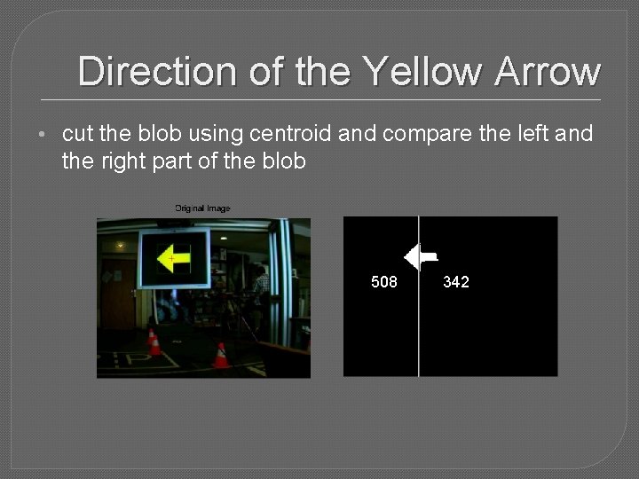 Direction of the Yellow Arrow • cut the blob using centroid and compare the