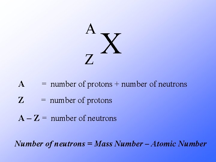 A X Z A = number of protons + number of neutrons Z =