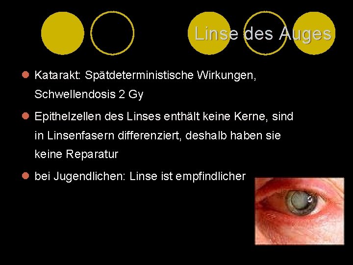 Linse des Auges l Katarakt: Spätdeterministische Wirkungen, Schwellendosis 2 Gy l Epithelzellen des Linses