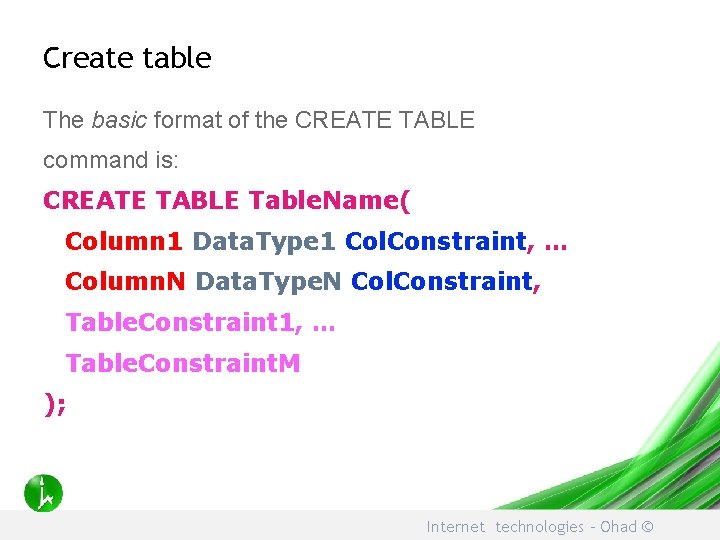 Create table The basic format of the CREATE TABLE command is: CREATE TABLE Table.