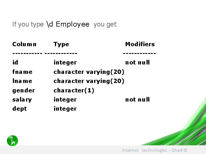 If you type d Employee you get: Column Type ------------ Modifiers ------ id integer