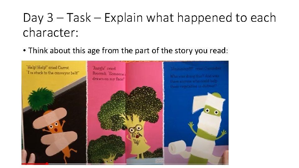 Day 3 – Task – Explain what happened to each character: • Think about