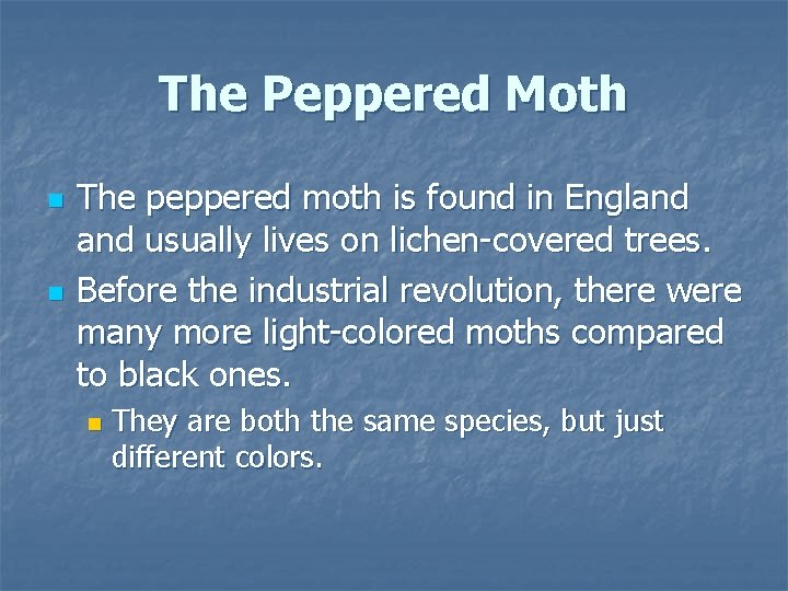 The Peppered Moth n n The peppered moth is found in England usually lives