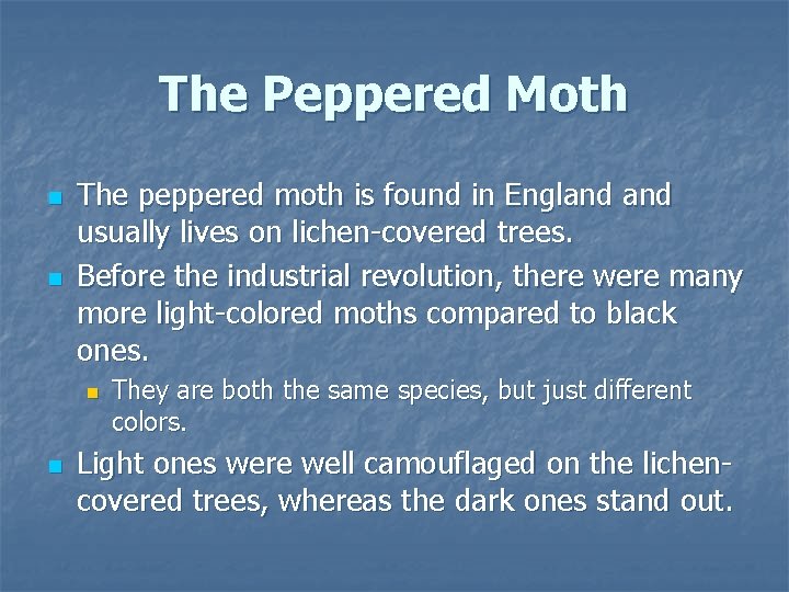 The Peppered Moth n n The peppered moth is found in England usually lives