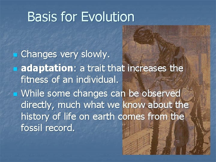 Basis for Evolution n Changes very slowly. adaptation: a trait that increases the fitness