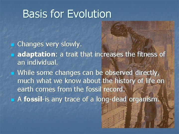 Basis for Evolution n n Changes very slowly. adaptation: a trait that increases the