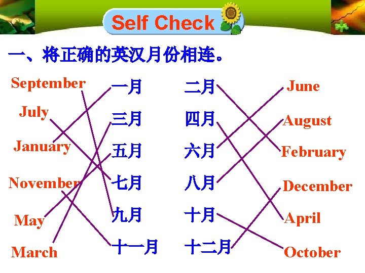 Self Check 一、将正确的英汉月份相连。 September 一月 二月 June 三月 四月 August January 五月 六月 February
