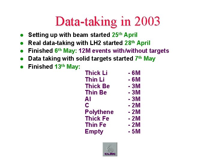 Data-taking in 2003 l l l Setting up with beam started 25 th April