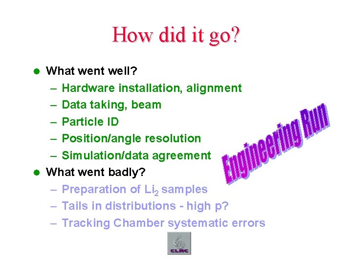 How did it go? What went well? – Hardware installation, alignment – Data taking,