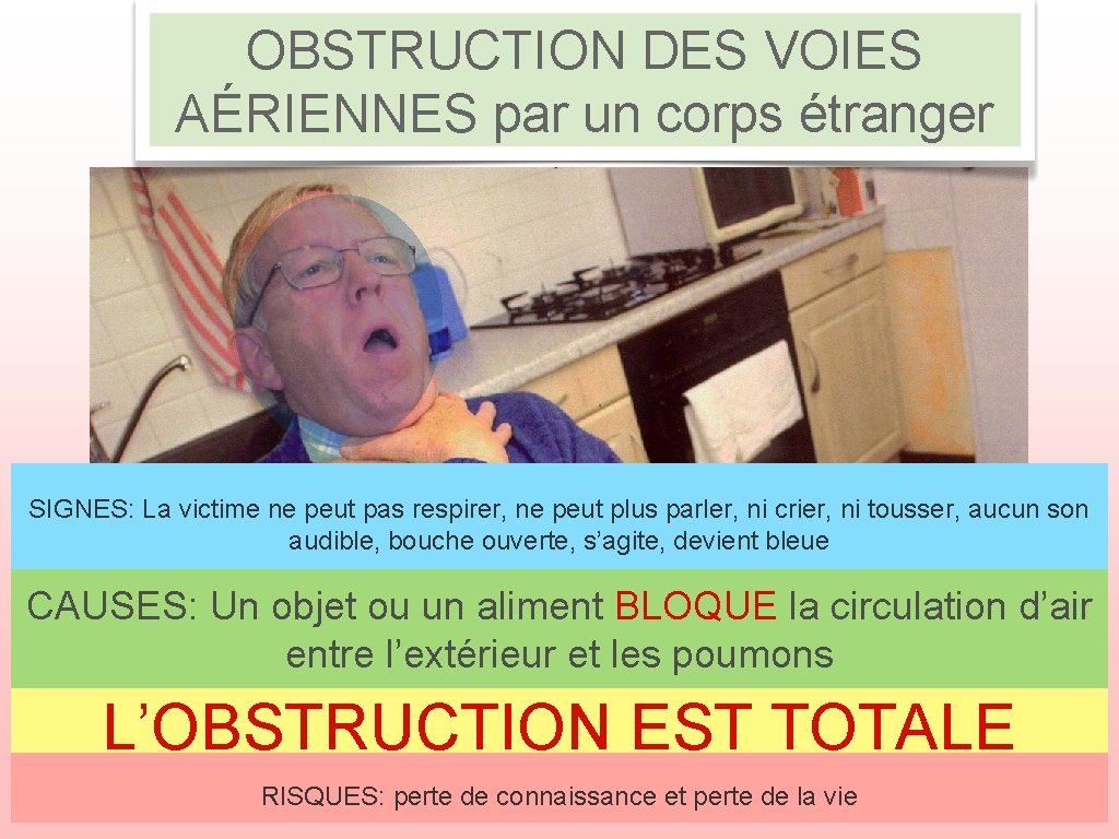 OBSTRUCTION DES VOIES AÉRIENNES par un corps étranger SIGNES: La victime ne peut pas