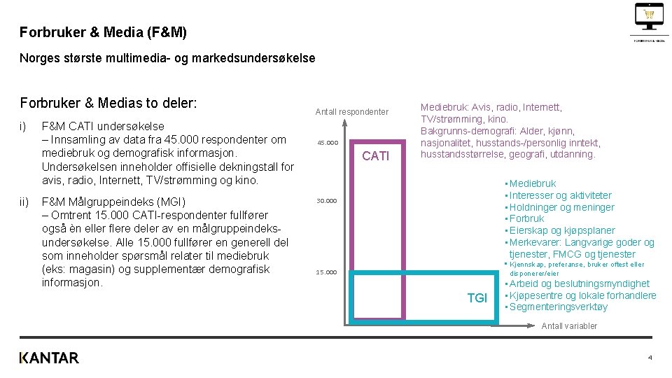 Forbruker & Media (F&M) Norges største multimedia- og markedsundersøkelse Forbruker & Medias to deler: