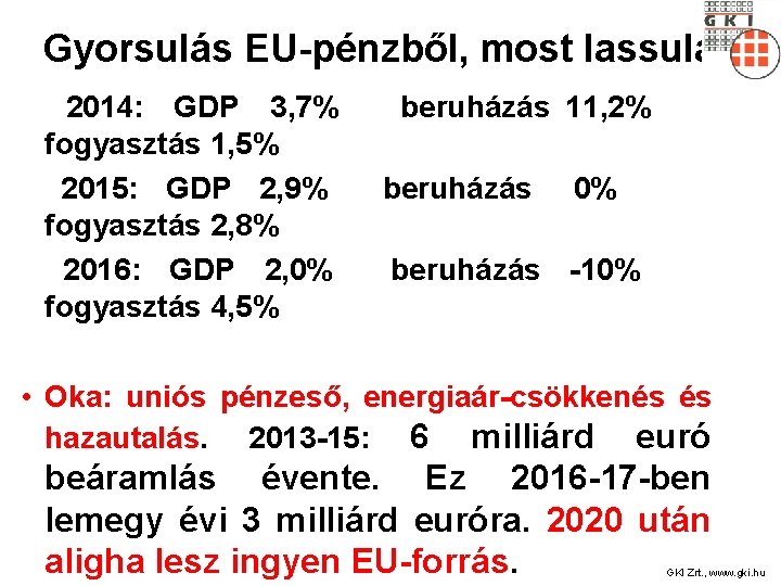 Gyorsulás EU-pénzből, most lassulás 2014: GDP 3, 7% fogyasztás 1, 5% 2015: GDP 2,