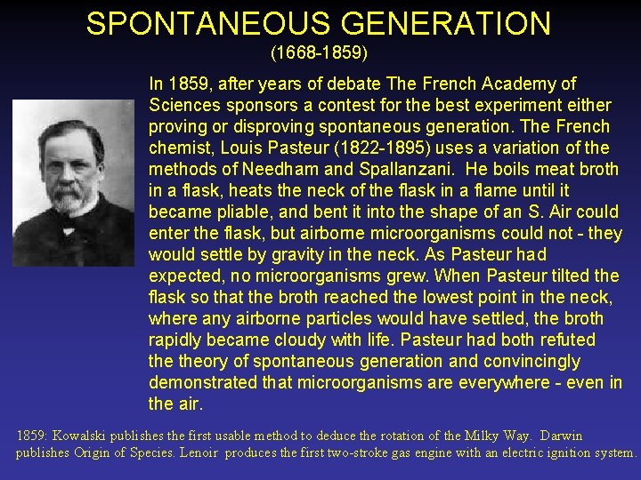 SPONTANEOUS GENERATION (1668 -1859) In 1859, after years of debate The French Academy of