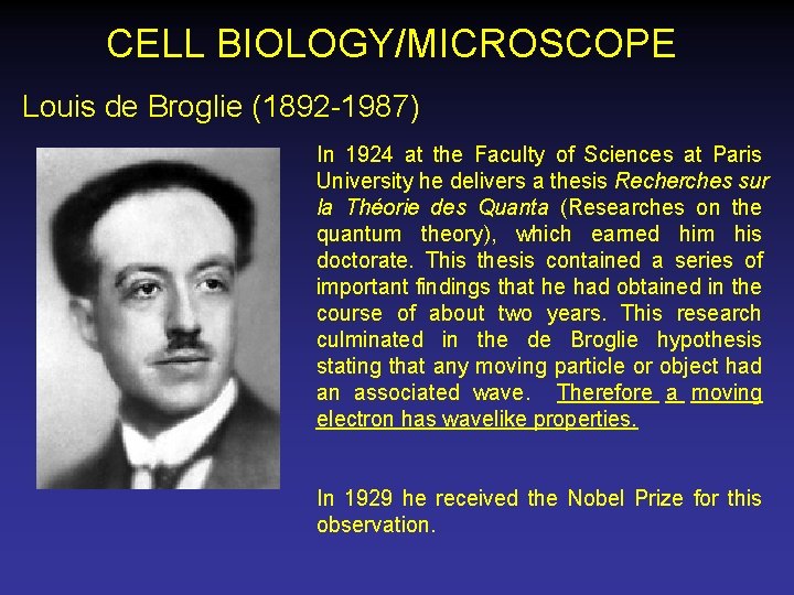 CELL BIOLOGY/MICROSCOPE Louis de Broglie (1892 -1987) In 1924 at the Faculty of Sciences