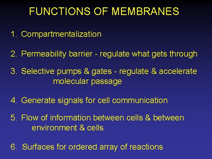 FUNCTIONS OF MEMBRANES 1. Compartmentalization 2. Permeability barrier - regulate what gets through 3.