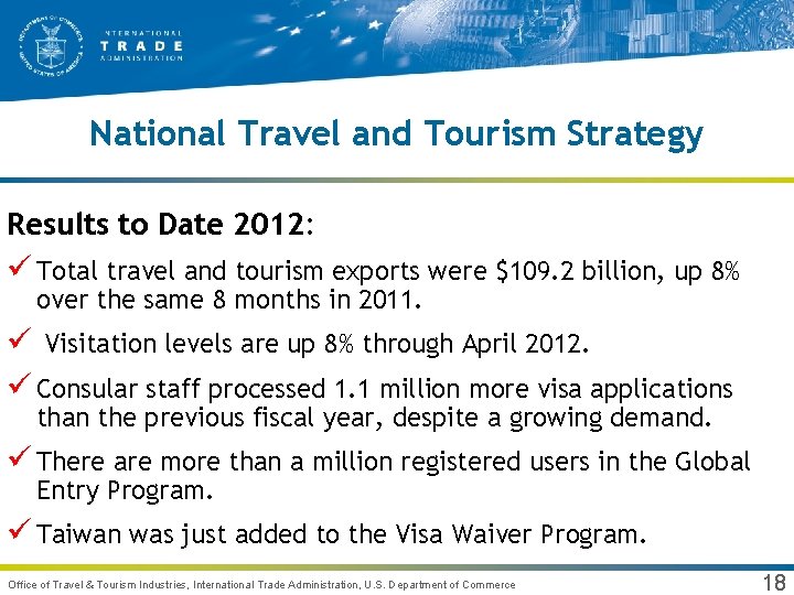 National Travel and Tourism Strategy Results to Date 2012: ü Total travel and tourism