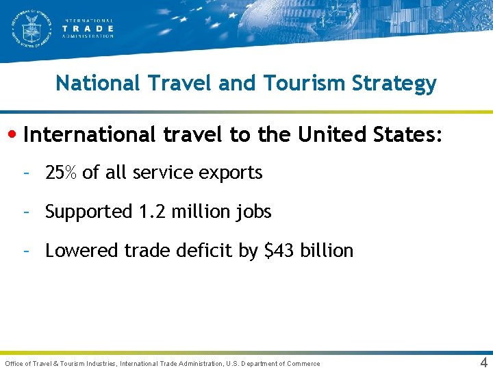 National Travel and Tourism Strategy • International travel to the United States: – 25%