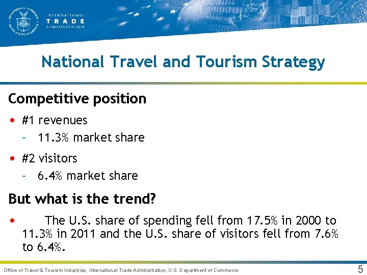 National Travel and Tourism Strategy Competitive position • #1 revenues – 11. 3% market