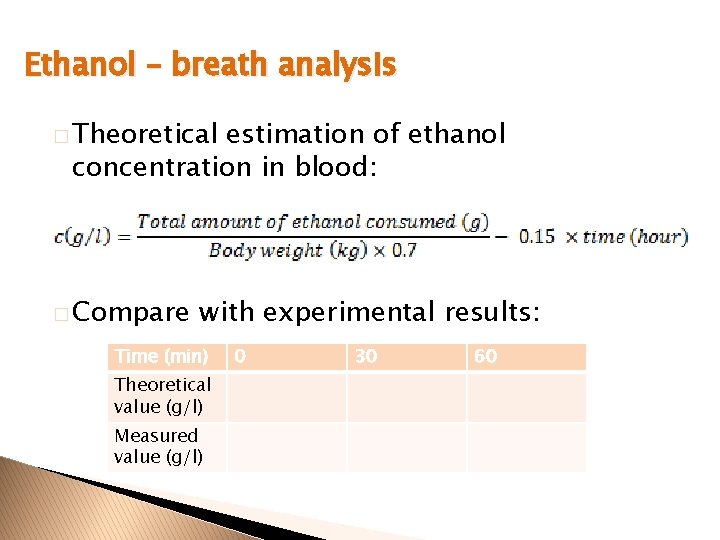 Ethanol – breath analysis � Theoretical estimation of ethanol concentration in blood: � Compare