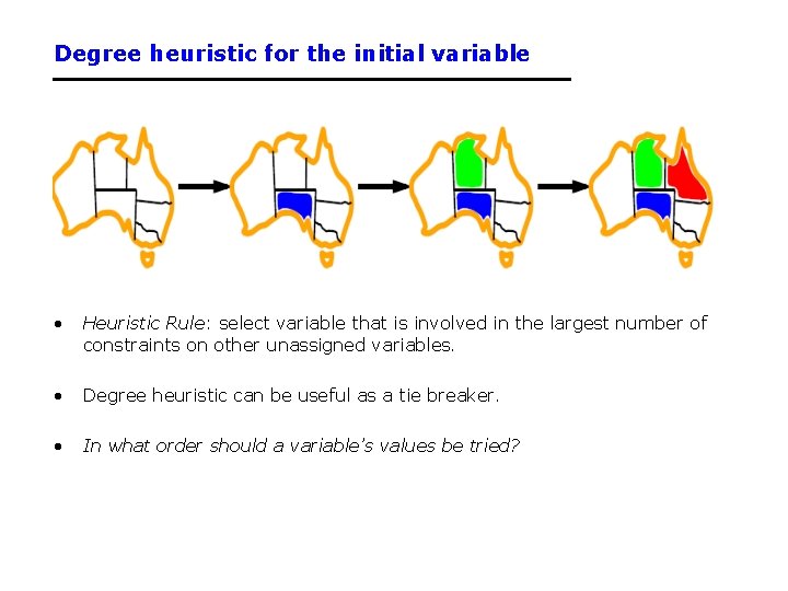 Degree heuristic for the initial variable • Heuristic Rule: select variable that is involved