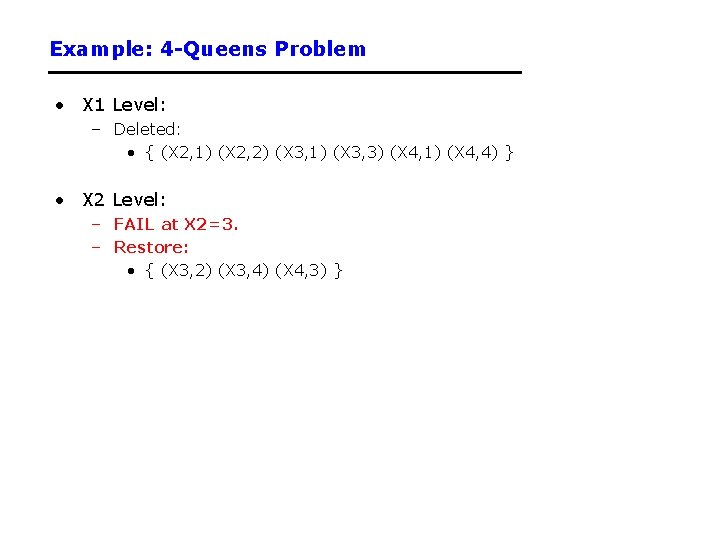 Example: 4 -Queens Problem • X 1 Level: – Deleted: • { (X 2,