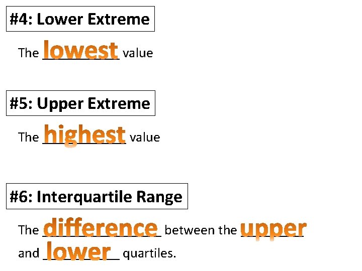 #4: Lower Extreme The ______ value #5: Upper Extreme The ______ value #6: Interquartile
