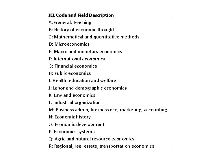 JEL Code and Field Description A: General, teaching B: History of economic thought C: