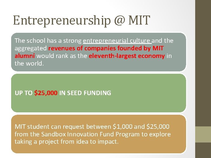 Entrepreneurship @ MIT The school has a strong entrepreneurial culture and the aggregated revenues
