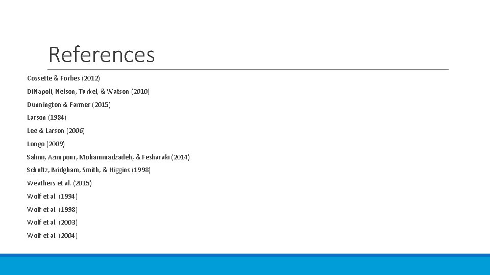 References Cossette & Forbes (2012) Di. Napoli, Nelson, Turkel, & Watson (2010) Dunnington &