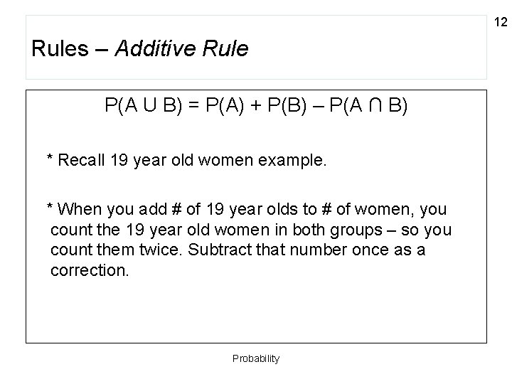 12 Rules – Additive Rule P(A U B) = P(A) + P(B) – P(A