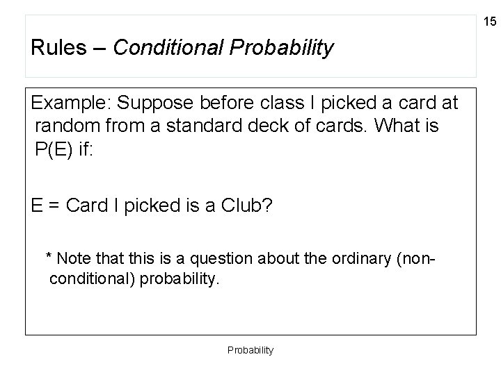 15 Rules – Conditional Probability Example: Suppose before class I picked a card at