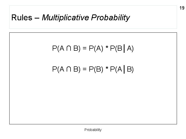 19 Rules – Multiplicative Probability P(A ∩ B) = P(A) * P(B│A) P(A ∩
