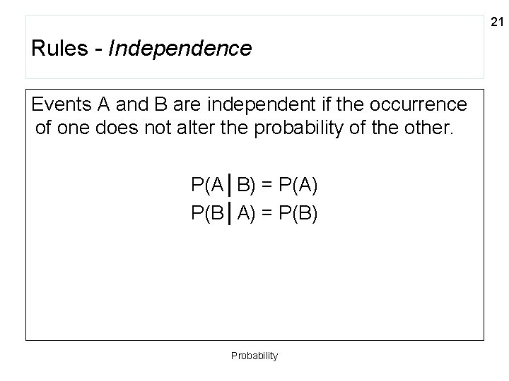 21 Rules - Independence Events A and B are independent if the occurrence of