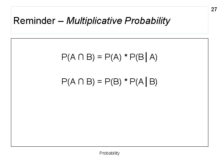 27 Reminder – Multiplicative Probability P(A ∩ B) = P(A) * P(B│A) P(A ∩