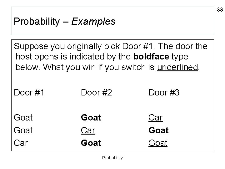 33 Probability – Examples Suppose you originally pick Door #1. The door the host