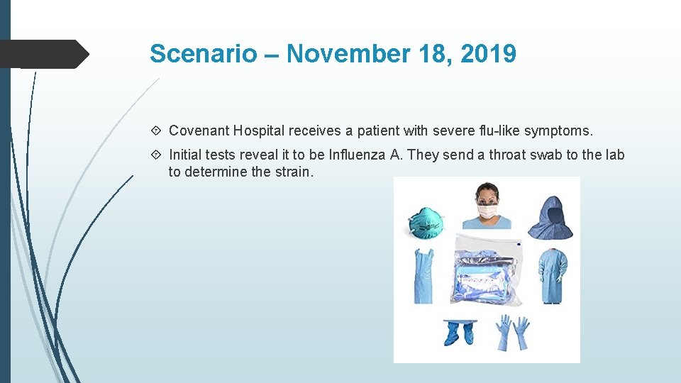 Scenario – November 18, 2019 Covenant Hospital receives a patient with severe flu-like symptoms.