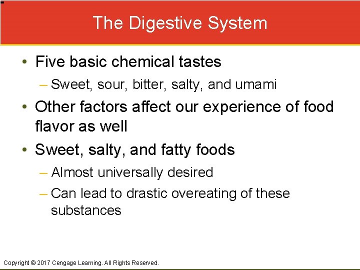The Digestive System • Five basic chemical tastes – Sweet, sour, bitter, salty, and
