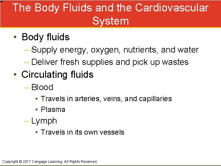 The Body Fluids and the Cardiovascular System • Body fluids – Supply energy, oxygen,